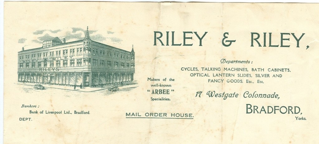 Credit: University of Bradford, The W. Riley Archive., Special Collections. RIL10/2.	Headed notepaper for Riley & Riley. 17 Westgate Colonnade, Bradford.