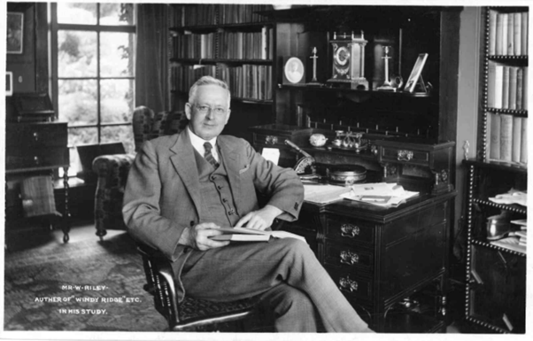 Willie Riley, in his study. Published by J.E. Lacy, Post Office, Silverdale.
Part of the Bradford Local Studies Library Postcard Collection.
