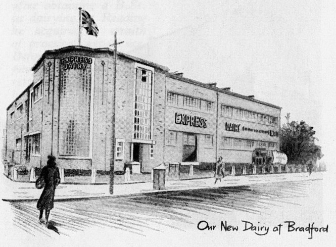 A black-and-white architectural illustration of a modern Art Deco style industrial building. The corner entrance features a curved facade with a tall, vertical glass block window, lettering that reads "EXPRESS DAIRY," and a Union Jack flag flying from the roof. The main side of the building has rows of large horizontal windows and features prominent signage reading "EXPRESS DAIRY (NORTHERN) LTD." Pedestrians walk on the sidewalk in the foreground, and handwritten script in the bottom right corner reads, "Our New Dairy at Bradford."