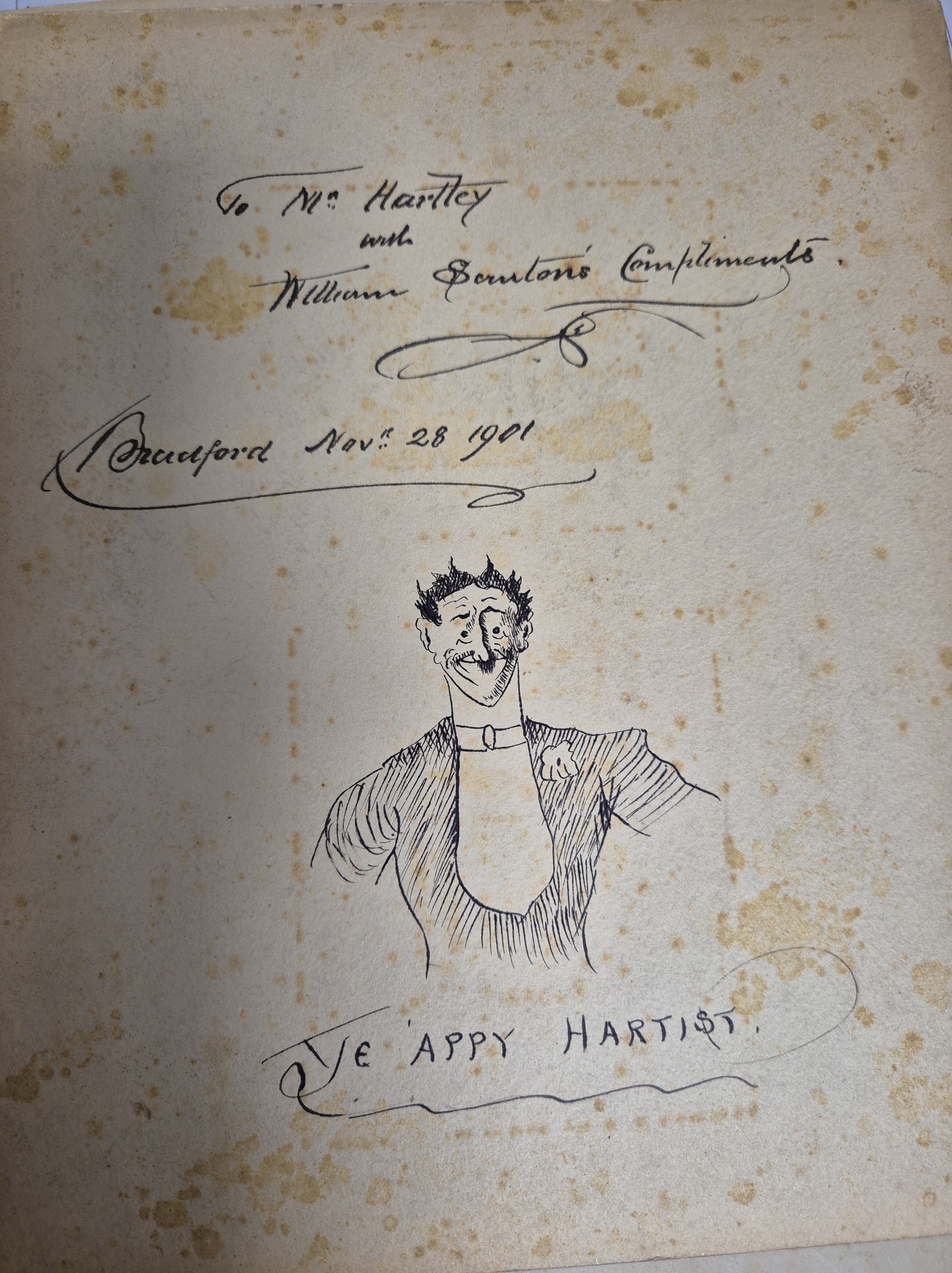 This is an original, playful self-caricature or a personalized greeting card drawn by Scruton himself, jokingly signing his name under a sketch of a smiling man in formal evening wear as "Ye 'Appy Hartist" (The Happy Artist).